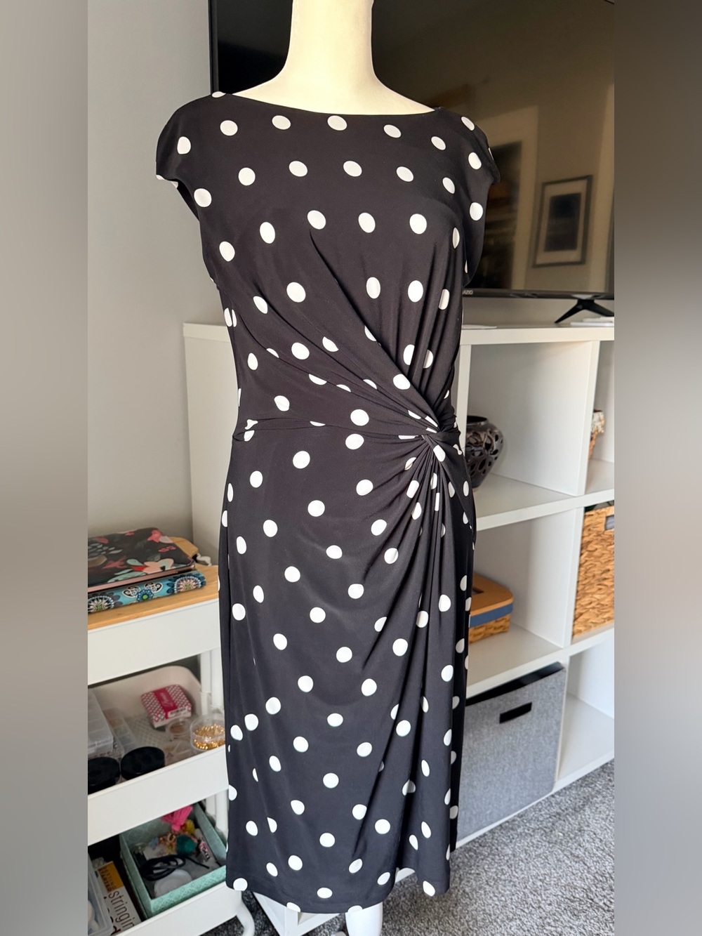 Ralph Lauren Black and White Polka Dot Midi Dress, Size 12